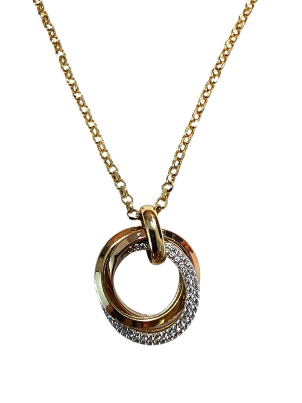 18K Tri-Color Gold Interlocking Circles CZ Pendant Necklace #25456